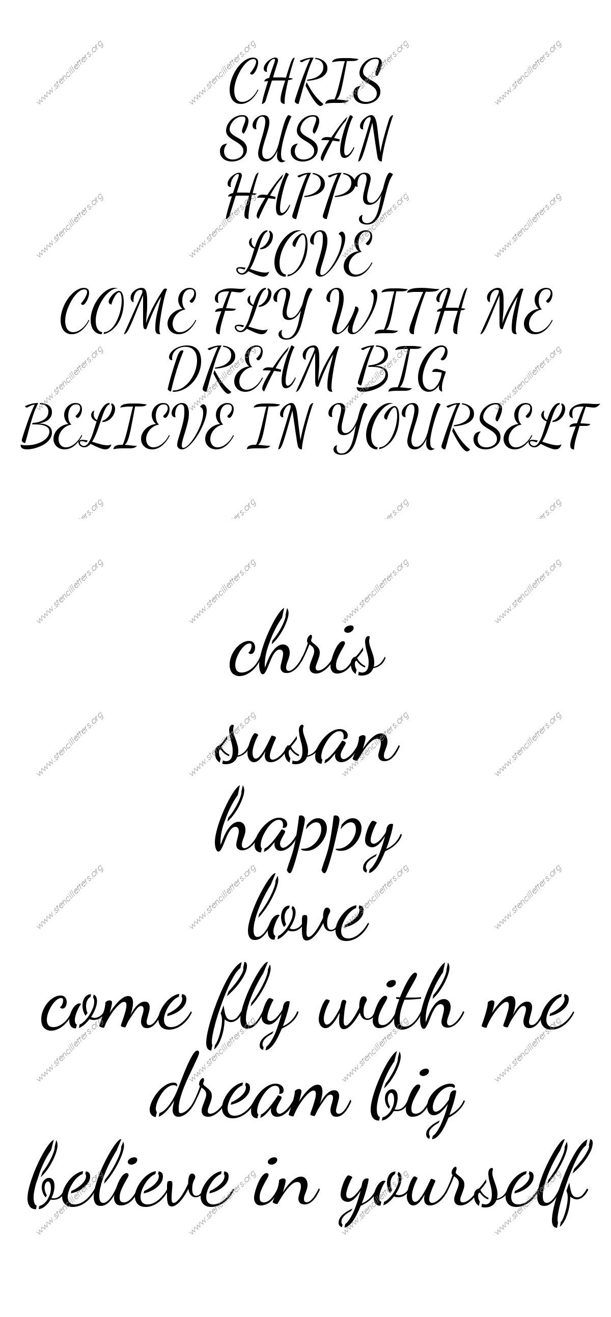 1950s Cursive Script Names, Words, Phrases samples