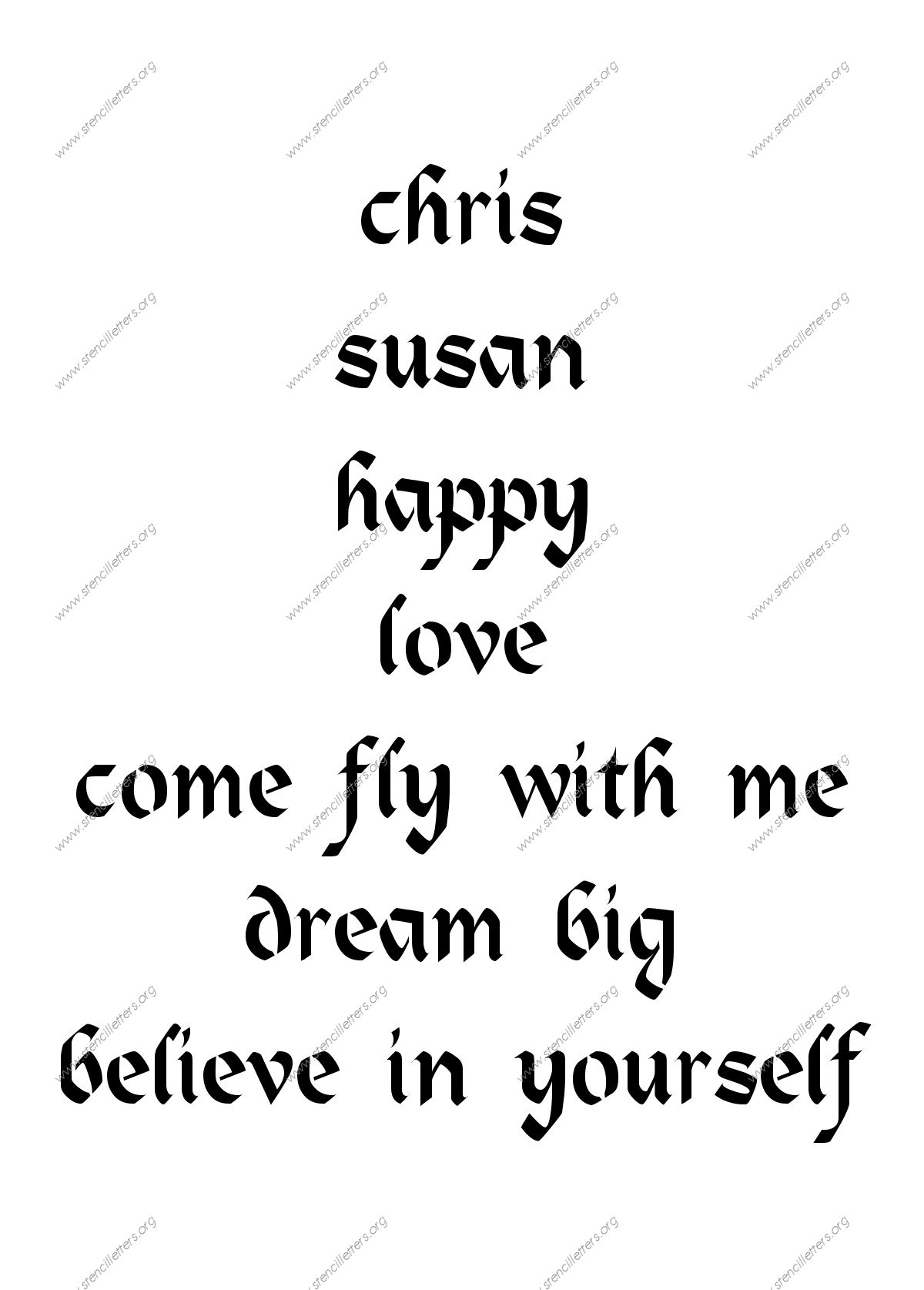 Gothic Calligraphy lowercase stencil Names, Words, Phrases samples