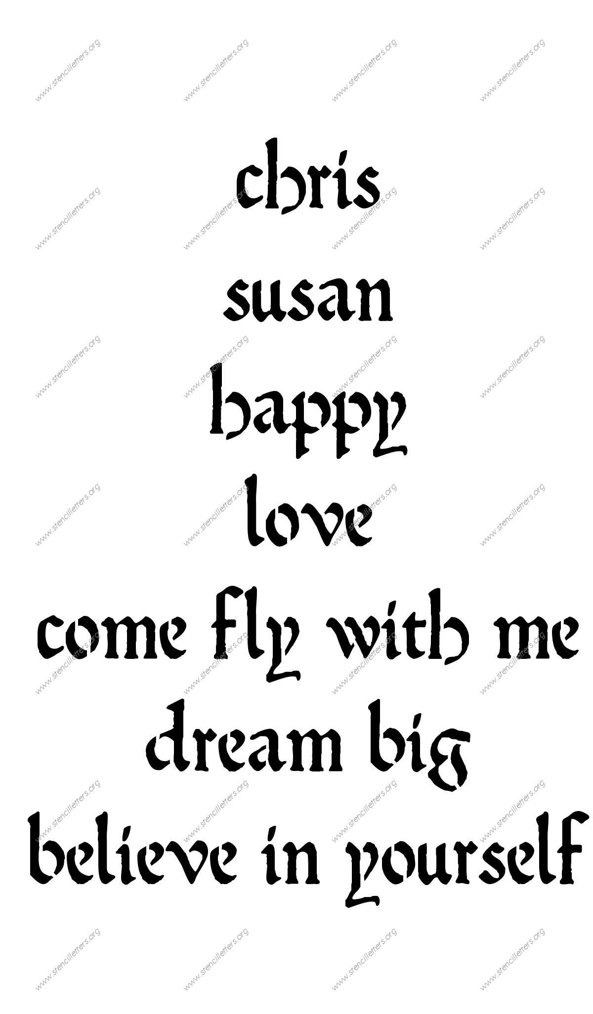 Medieval Calligraphy lowercase stencil Names, Words, Phrases samples