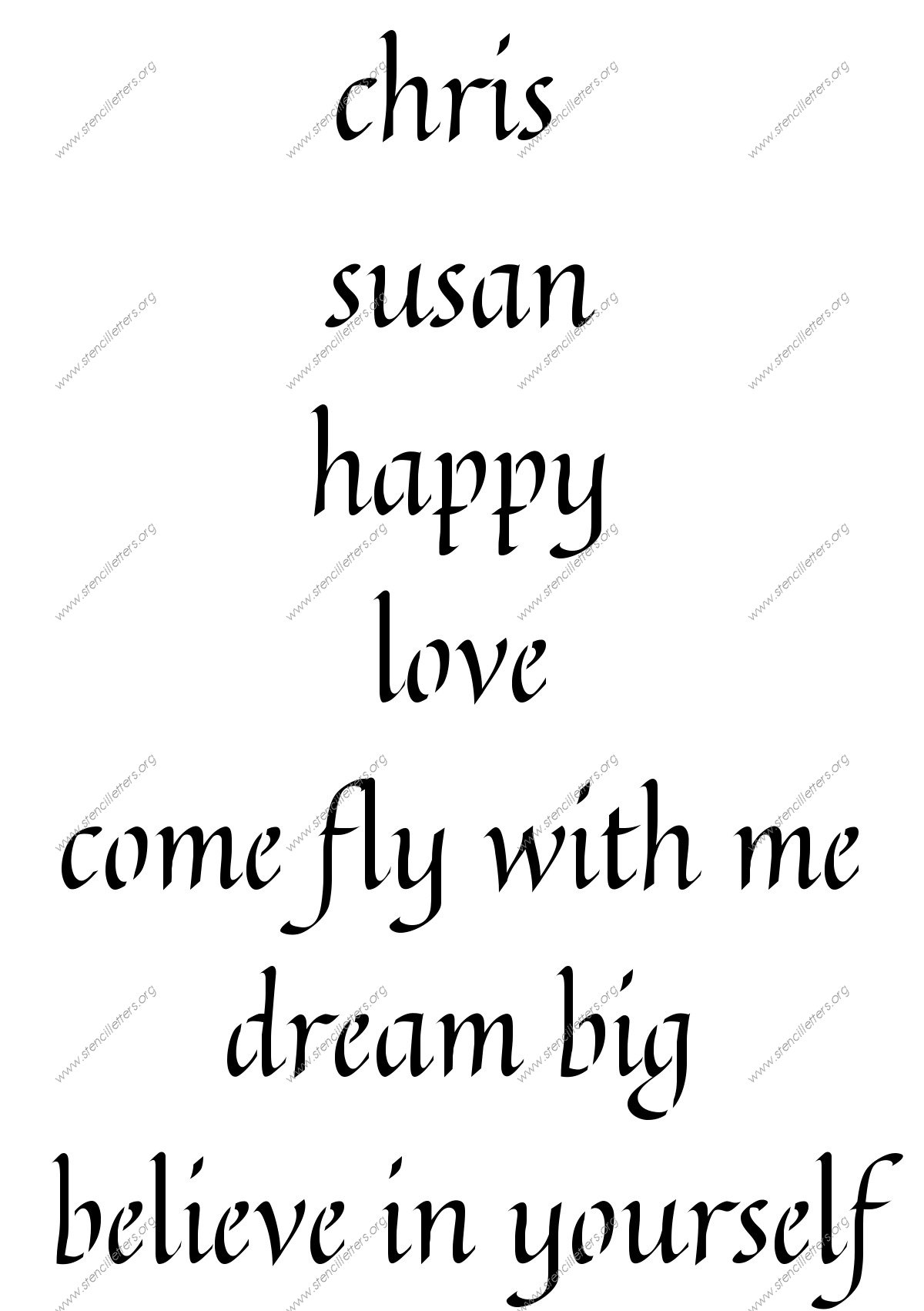 Longhand Calligraphy lowercase stencil Names, Words, Phrases samples