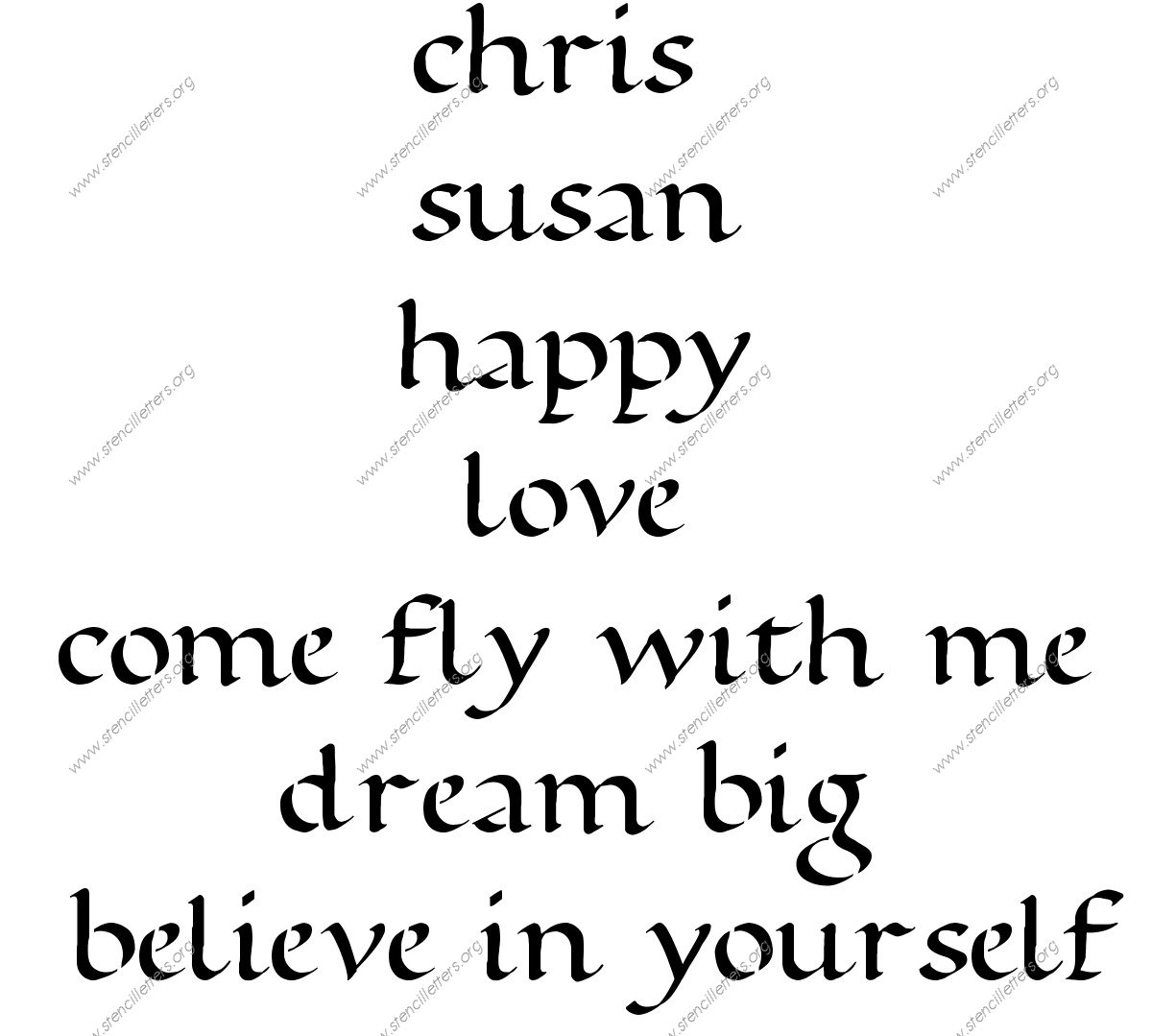 Decorative Writing Calligraphy lowercase stencil Names, Words, Phrases samples