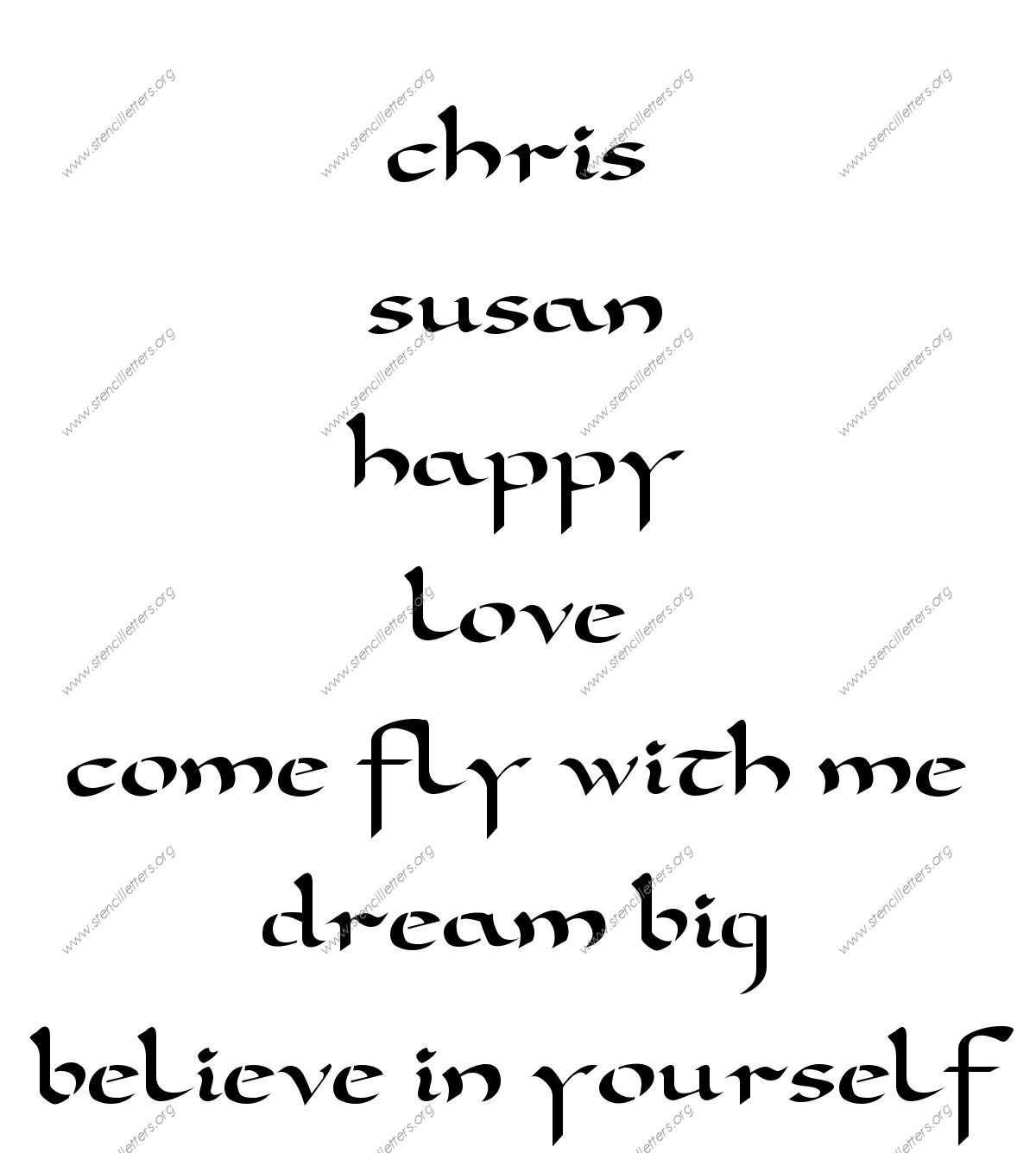 Longhand Penmanship Calligraphy lowercase stencil Names, Words, Phrases samples