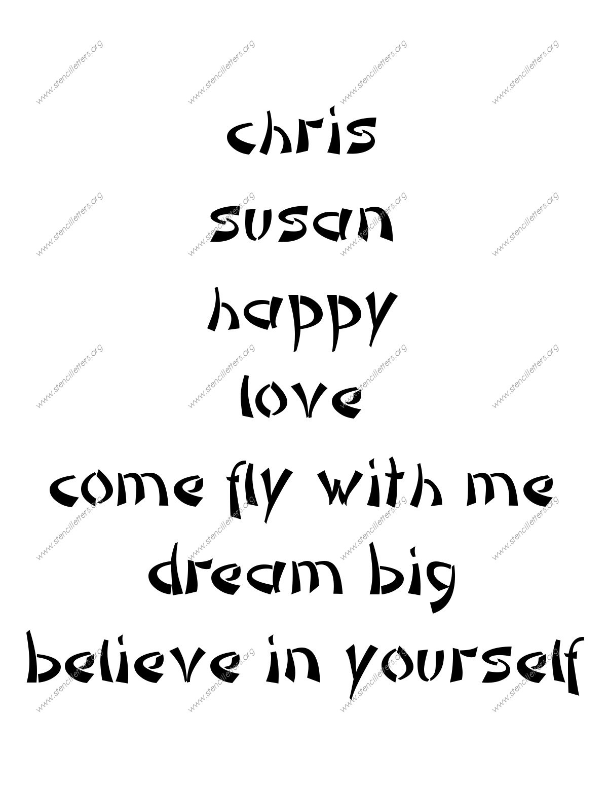 Asian Novelty lowercase stencil Names, Words, Phrases samples