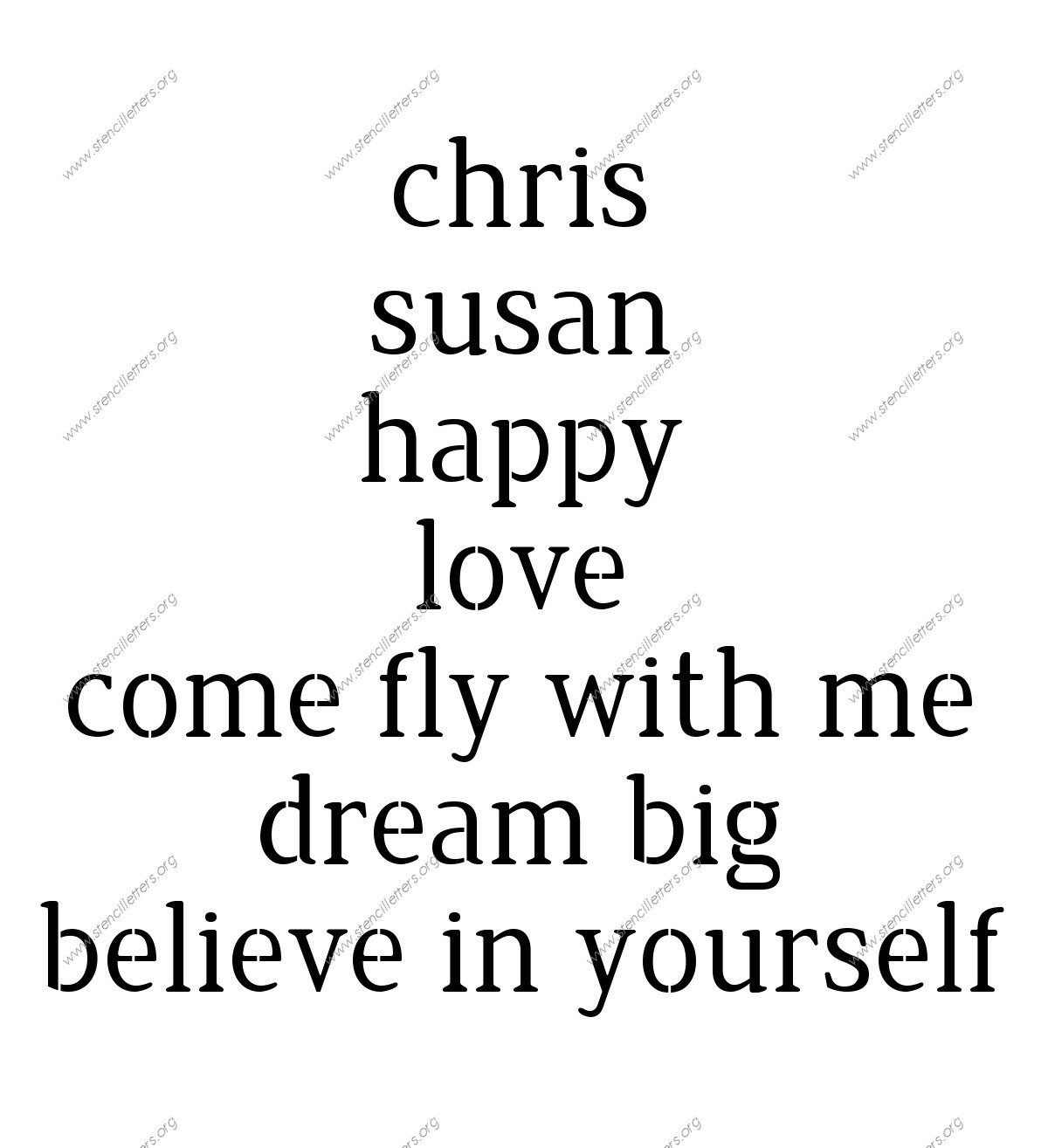 Narrow Rounded Serif lowercase stencil Names, Words, Phrases samples