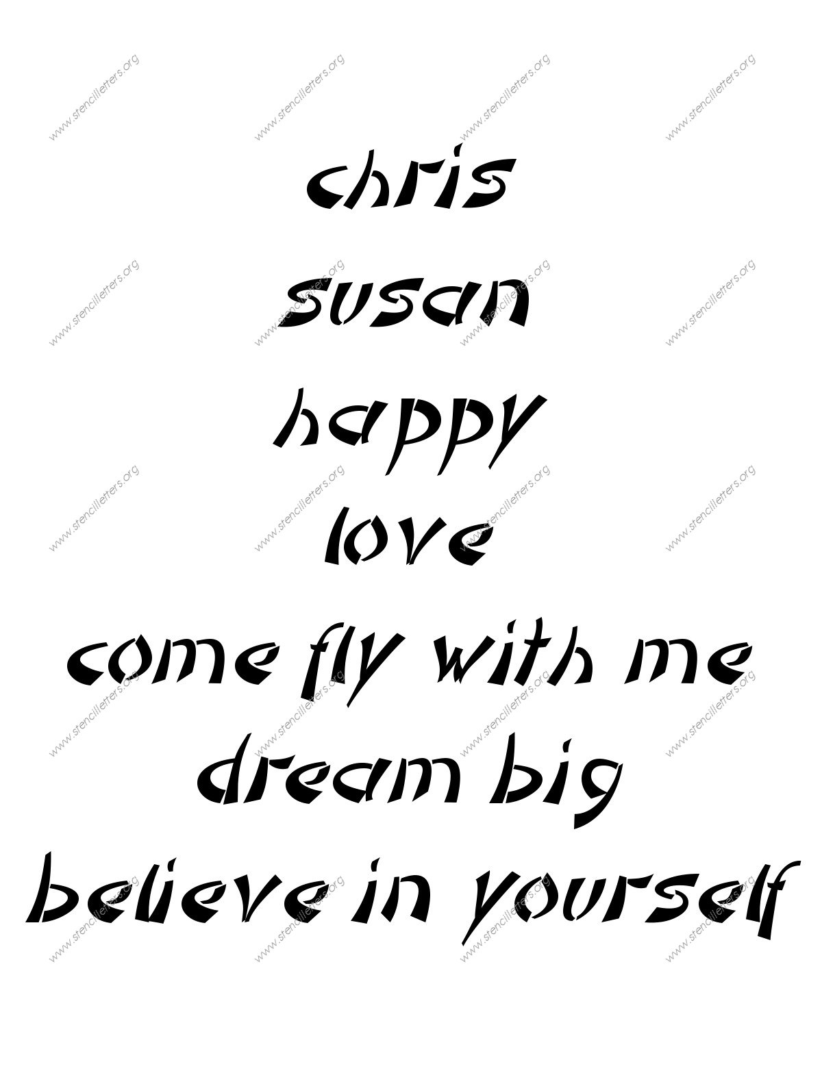 Asian Italic lowercase stencil Names, Words, Phrases samples