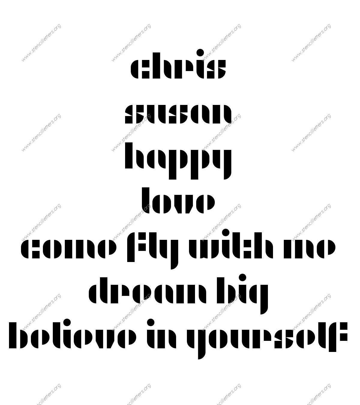 Swashy Bold lowercase stencil Names, Words, Phrases samples