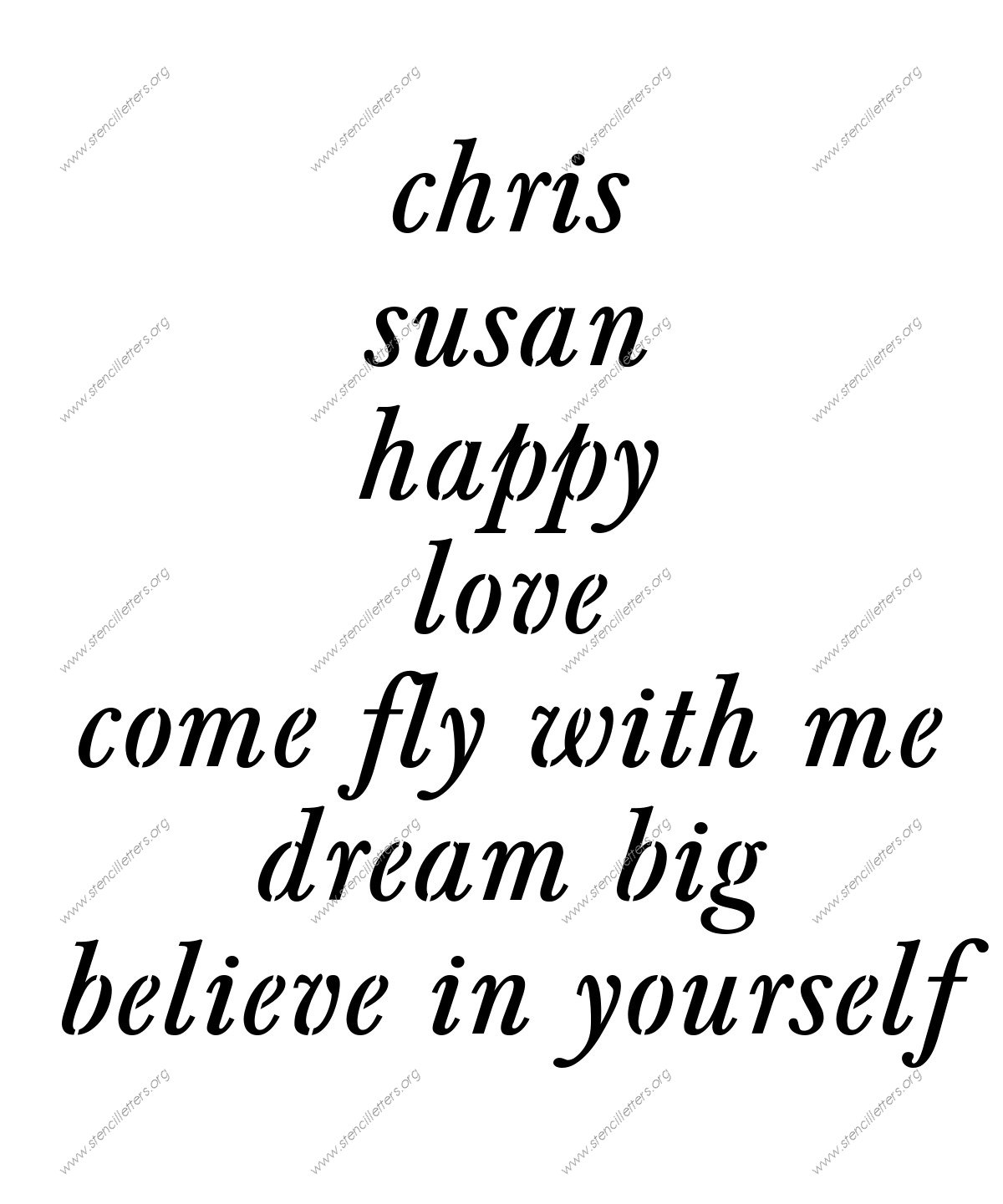 Elegant Italic lowercase stencil Names, Words, Phrases samples