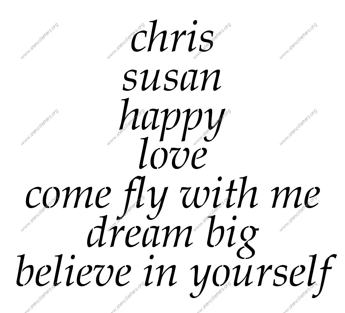 Formal Elegant Italic lowercase stencil Names, Words, Phrases samples