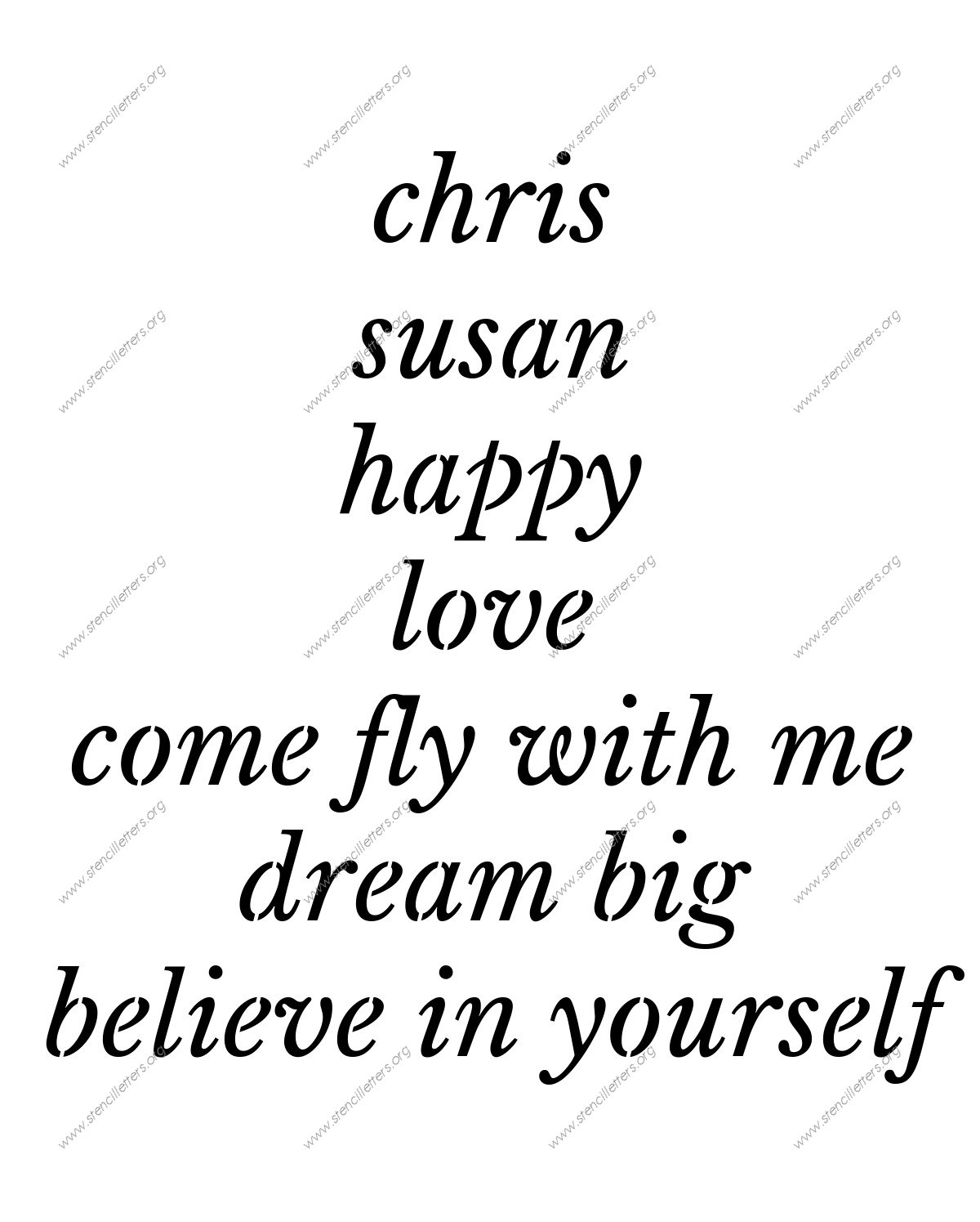 Roman Serif Italic lowercase stencil Names, Words, Phrases samples